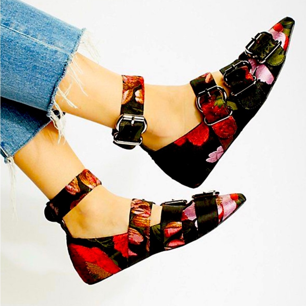 Floral Buckle Strap Flats